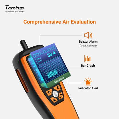 Temtop air quality monitor measures PM2.5, PM10, particle count, CO₂, HCHO, temperature, and humidity. Portable device for monitoring indoor air quality.