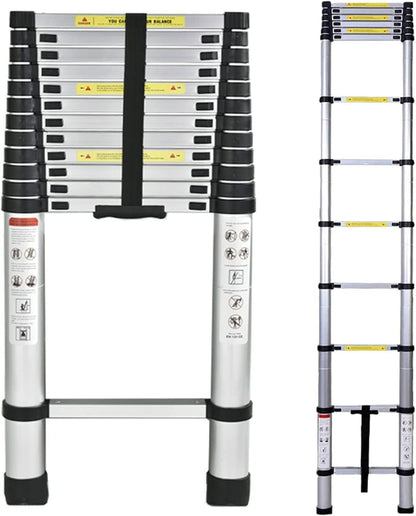 14.5FT portable multipurpose aluminum telescoping ladder, 4.4M retractable foldable ladder extension climbing stable ladder, 330lbs max load, step ladder with non-slip rubber feet.