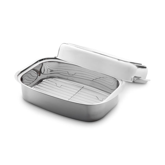 3 in 1 Stainless Steel Roaster 36 x 24 x 9.6 cm (7.2 L) Induction Oven Dish with Lid, including removable rack.
