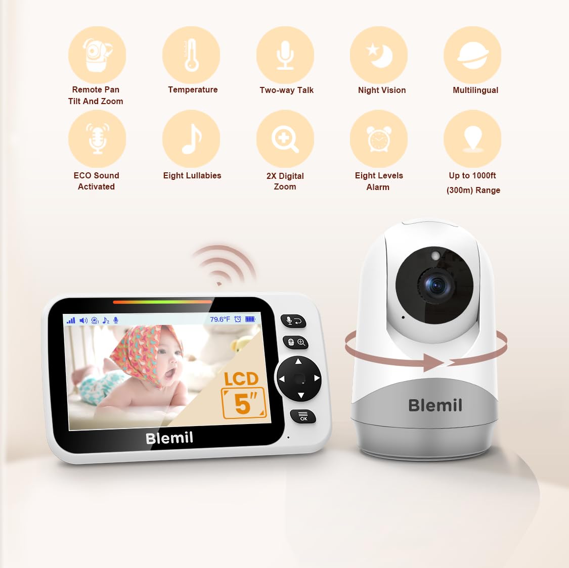 Video baby monitor with audio, 30-hour rechargeable battery, 5" screen, remote pan/tilt/zoom camera, two-way talk, night vision, no WiFi.