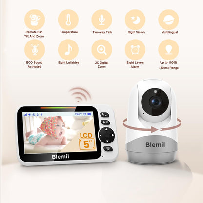 Video baby monitor with audio, 30-hour rechargeable battery, 5" screen, remote pan/tilt/zoom camera, two-way talk, night vision, no WiFi.