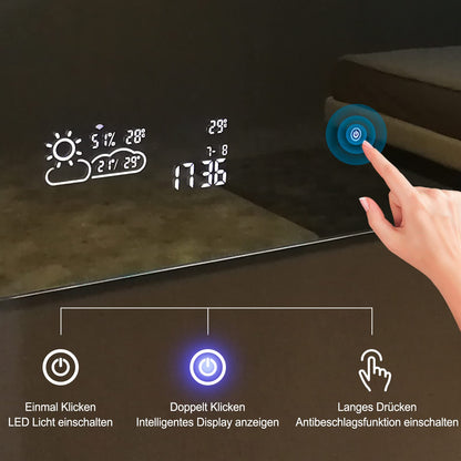 Goodbye cold LED bathroom mirror anti-fog 80x60 cm, bathroom mirror wall mirror light mirror with touch switch, WiFi weather station & date, smart mirror, horizontal