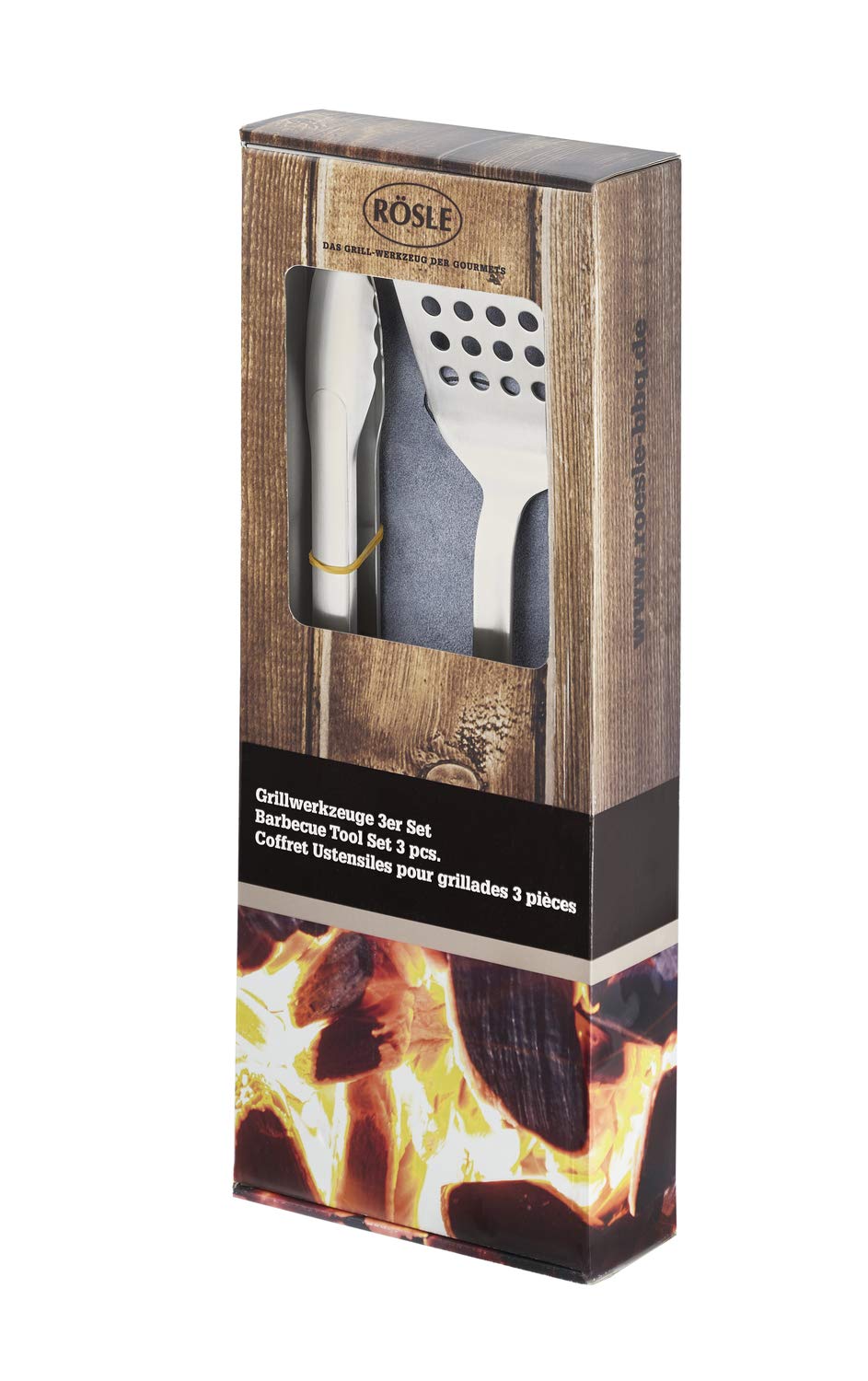 RÖSLE Barbecue Set 3-piece, high-quality grill set with leather BBQ gloves, BBQ turner, 40 cm grill tongs, stainless steel 18/10, dishwasher safe.
