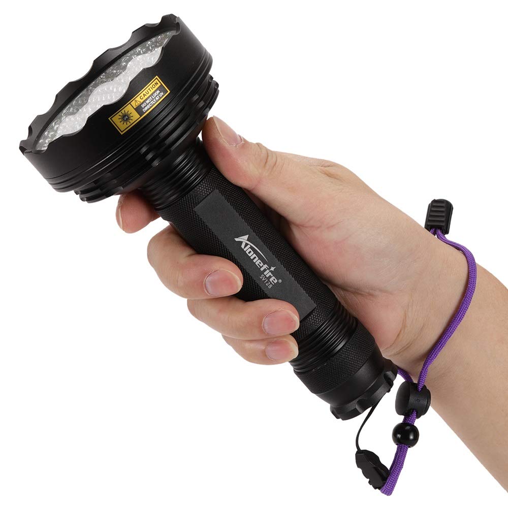 Alonefire SV128 395nm UV flashlight 128 LED blacklight flashlight for scorpion, pet urine detector, dry stain, carpet, floor with UV-protection glasses, 6 x AA batteries included.