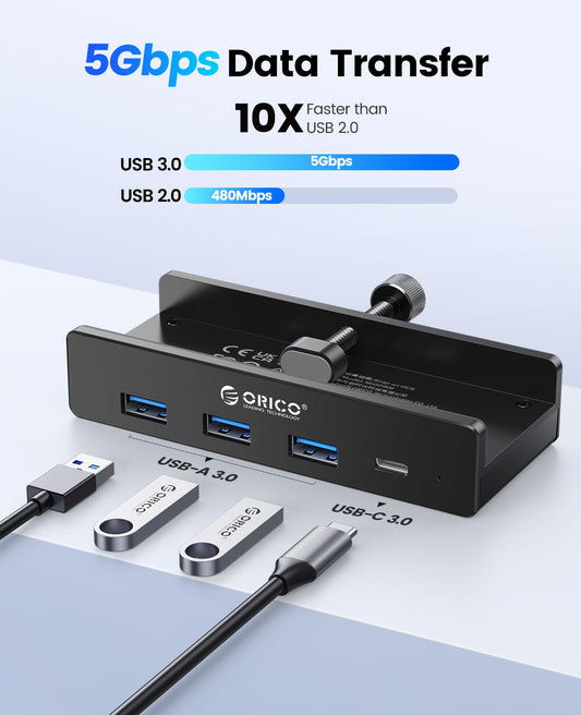 ORICO USB Hub, Aluminum USB 3.0 Hub Clip with 5V power supply port, 5Gbps 4 port USB splitter with 3 Type-A 3.0 and 1 Type-C 3.0, 100cm cable (C to A/C), for monitors, desks.