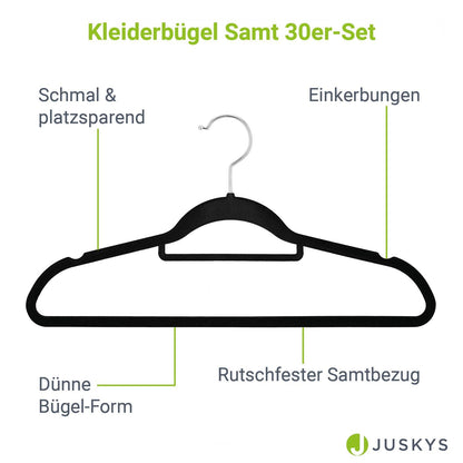 Juskys Velvet Hangers 50-piece Set - nonslip, slim, space-saving - flocked velvet hangers - swivel hooks - 50 Black Hangers