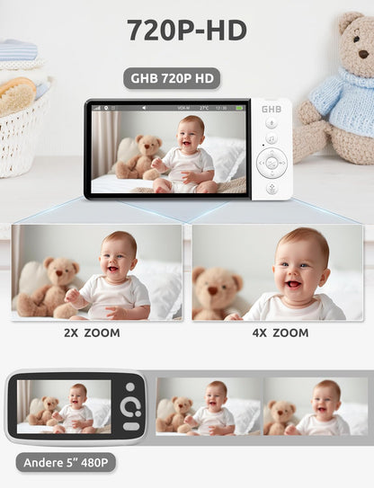 GHB baby monitor with camera 5 inch 350° rotation 5000mAh night vision VOX mode digital zoom two-way talk temperature display 720p ABM720