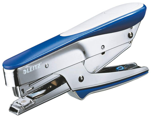Leitz stapler, for 15 sheets, ergonomic metal design with rubber surfaces, top-loading mechanism, for staples P2 (no. 10), blue, 55450033.