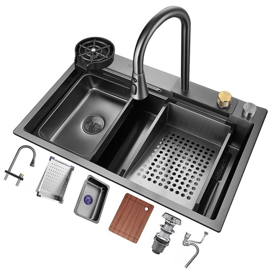Black Nano Kitchen Sink Stainless Steel Waterfall Sink Set Nano-coated Worktop Sink with Pull-out Faucet and Cup Washer Pressure Glass Washer (Color: A, Size: 75 x 45 x 22 cm)