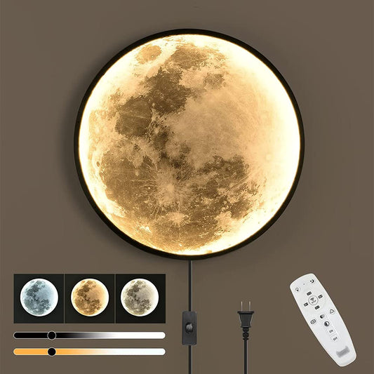 Modern LED wall light indoor dimmable moon wall lamp with plug round moon design decorative lamp wall bedside lamp with cable 3000K-6000K remote control ceiling light bedroom wall lighting Ø50CM