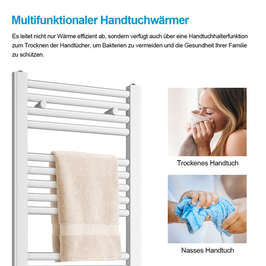 Heilmetz electric towel radiator 100x60cm with digital thermostat and timer function. Straight towel warmer in white, 500W.