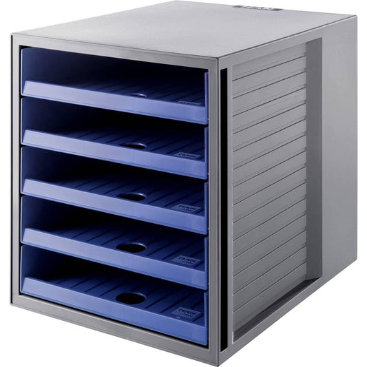 HAN Drawer Box Cabinet Set Karma made from at least 80% recycled plastic with 5 open drawers for documents, desk, including lock, rubber feet, 14018-16, Light Grey/Blue.