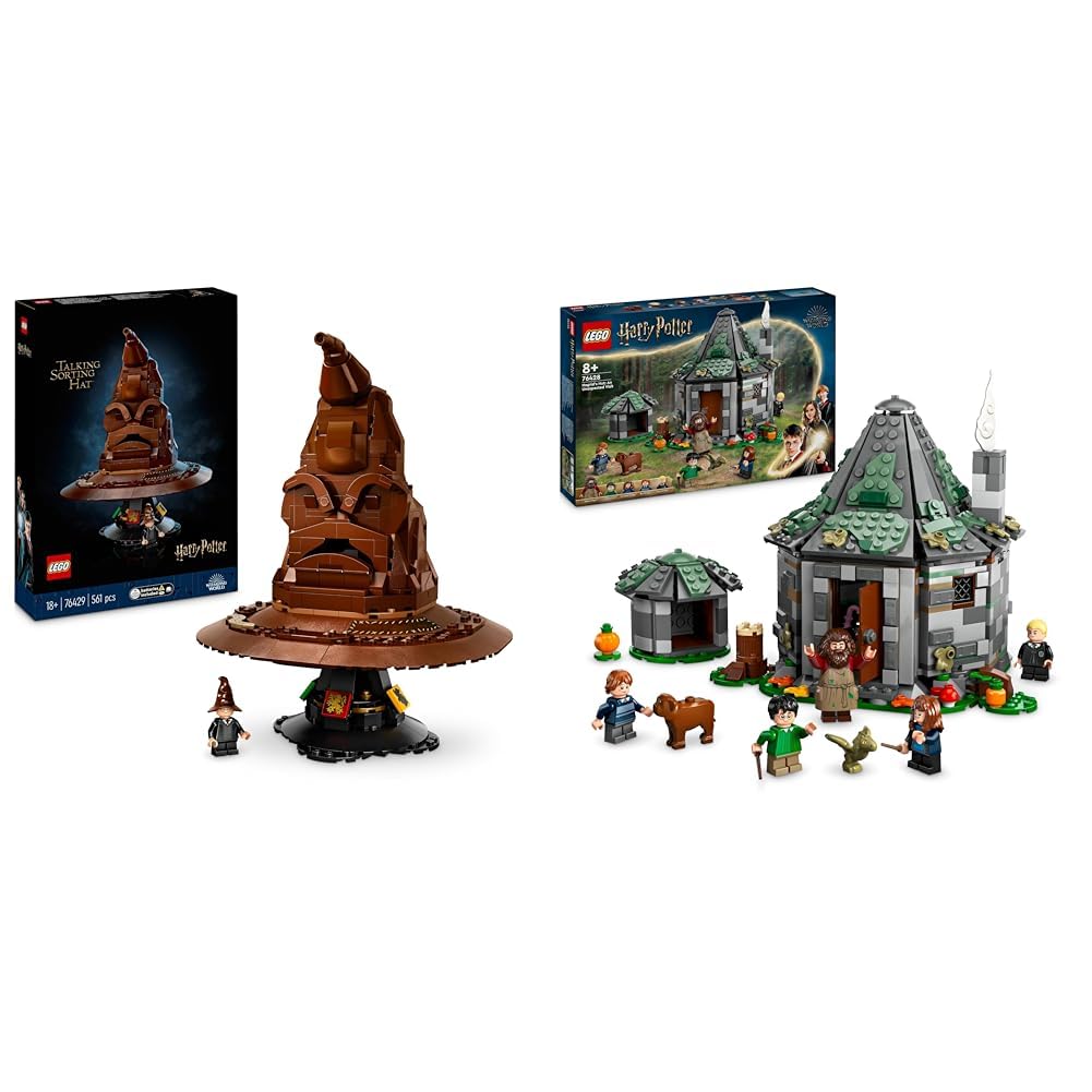 LEGO Harry Potter The Sorting Hat, Hogwarts adult model & Harry Potter Hagrid's Hut: A Unexpected Visit set with 5 minifigures and 2 animal figures.