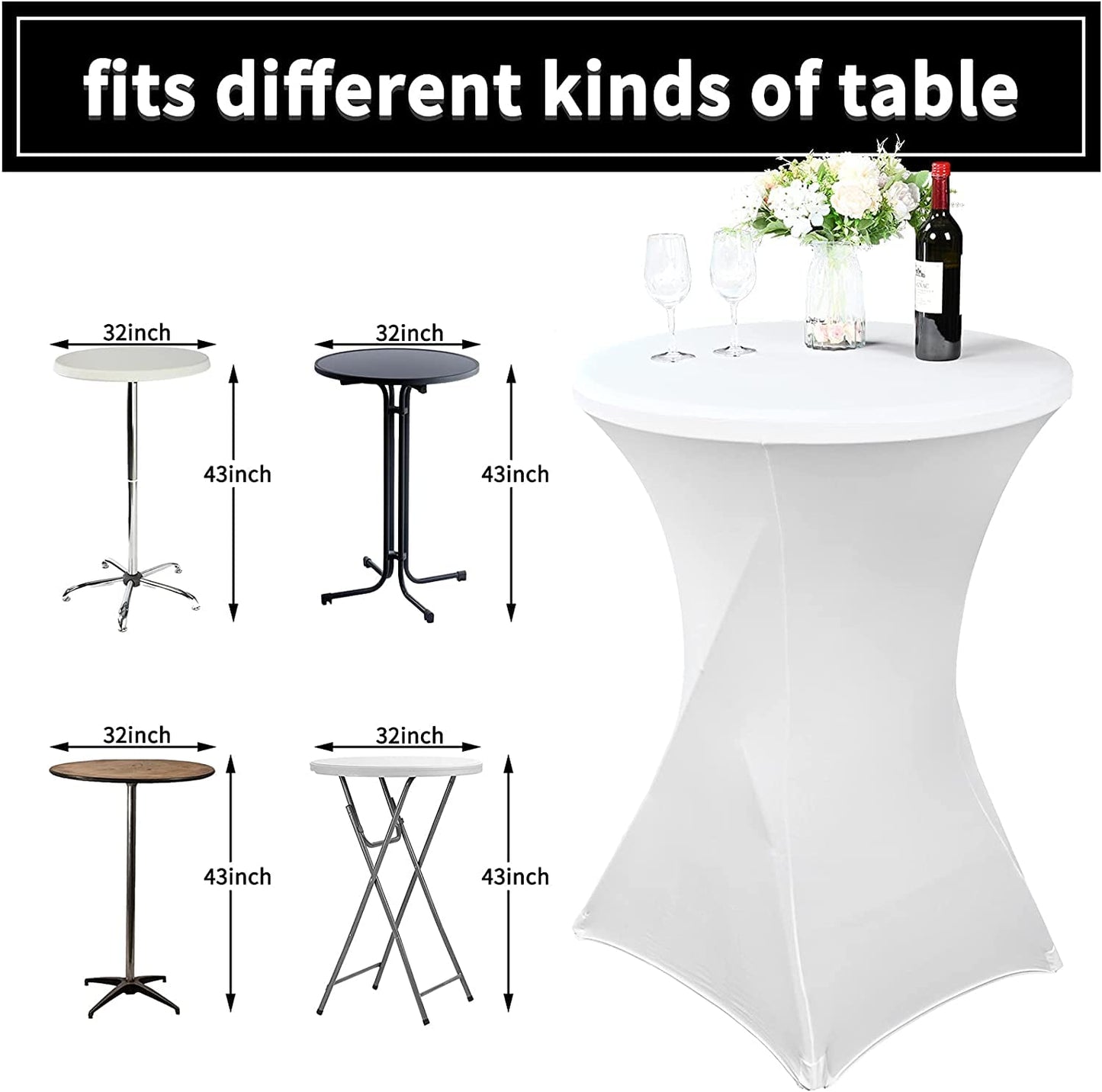 6-pack stretch high-top table covers for cocktail tables, round tablecloth for weddings, Ø60-65cm / Ø70-75cm / Ø80-85cm (Anthracite, Ø60-65cm, White)