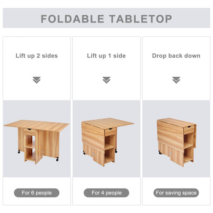 Mondeer Mobile Folding Table, Foldable Dining Table Suitable for Small Spaces with 1 drawer and 2 shelves for dining room and kitchen, 72 x 120 x 75 cm, Red Oak