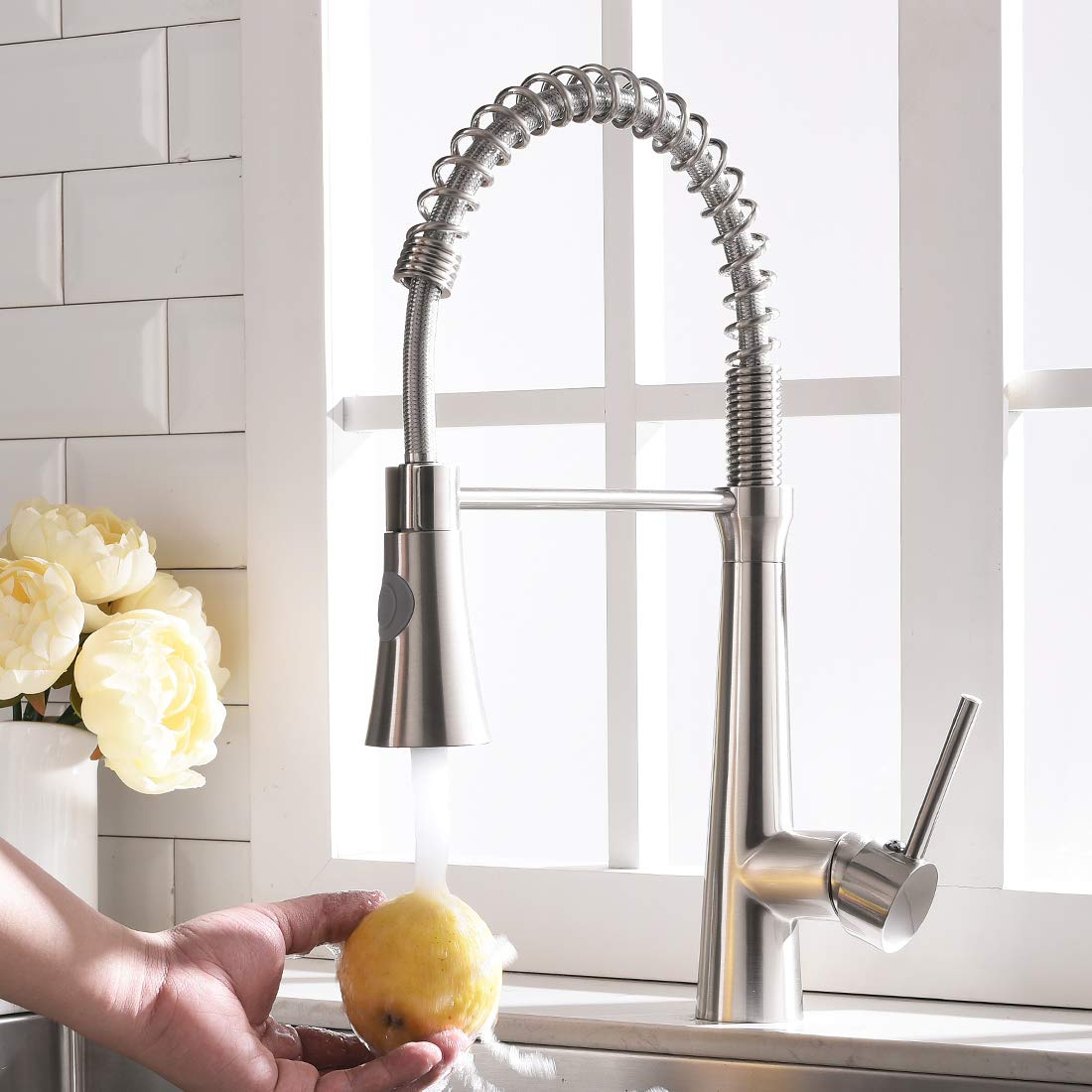 TIMACO kitchen faucet 360° swivel kitchen tap mixer kitchen faucet brushed nickel spiral spring faucet.