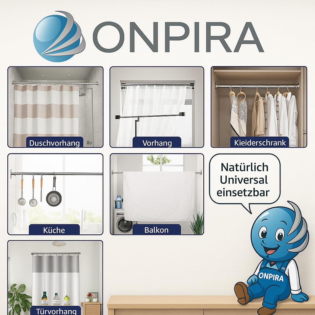 Onpira® telescopic shower curtain rod, adjustable without drilling - available in 5 lengths (40-240cm) & 3 colors - stainless steel telescopic rod for bathroom & shower, White or Black (95-150cm, Black)