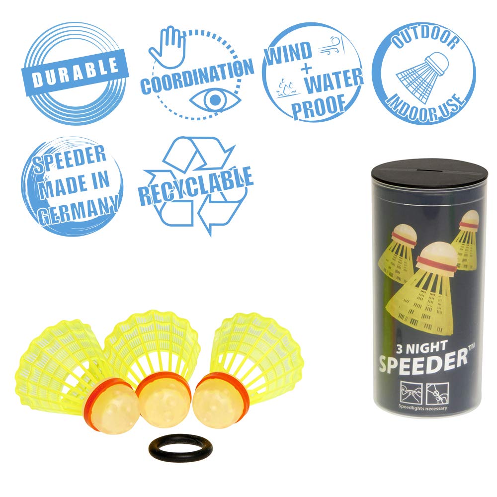 Speedminton Mix Speeder - 5 pack of mixed Speed Badminton/Crossminton balls including Windring & Night Speeder - 3 pack of glowing Speed Badminton/Crossminton balls including Windring.