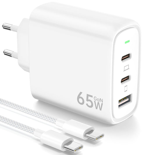 65W charger USB C power adapter PPS fast charger 3-port GaN PD charger, USB A and Type C charger with 2M Type C cable for iPhone 16/15, for Galaxy S24/23/S22, for MacBook Pro/Air, etc.