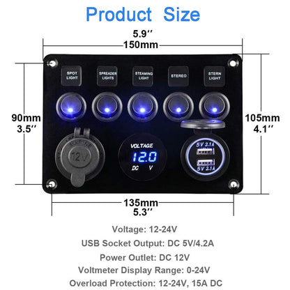 5-speed switch panel, 12V/24V toggle switch panel IP65 waterproof LED voltmeter dual USB socket charger for car boat marine RV truck camper vehicles (blue)