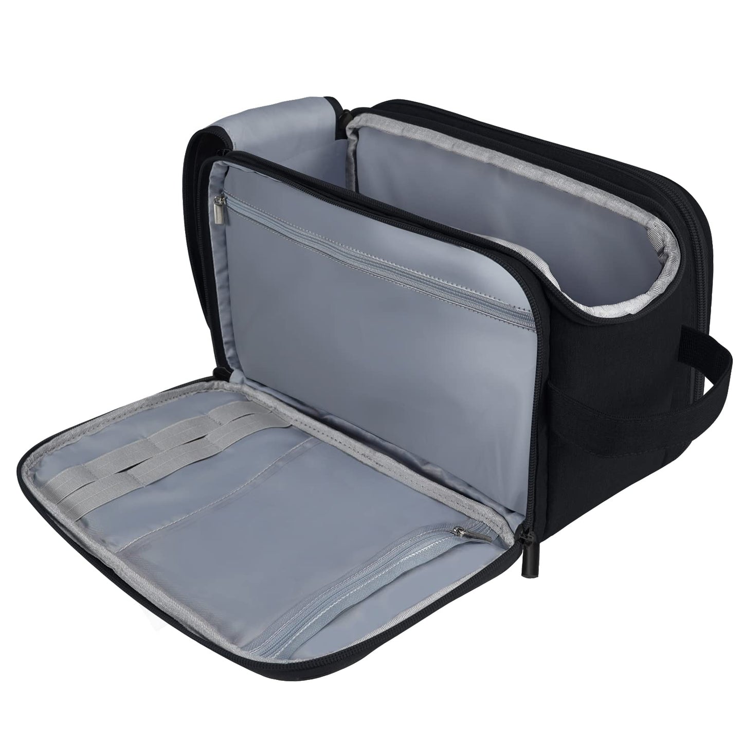 Gloppie toiletry bag for men and women. Large 10L waterproof travel wash bag with wet/dry pouch. Ideal for kids, adults, in black.