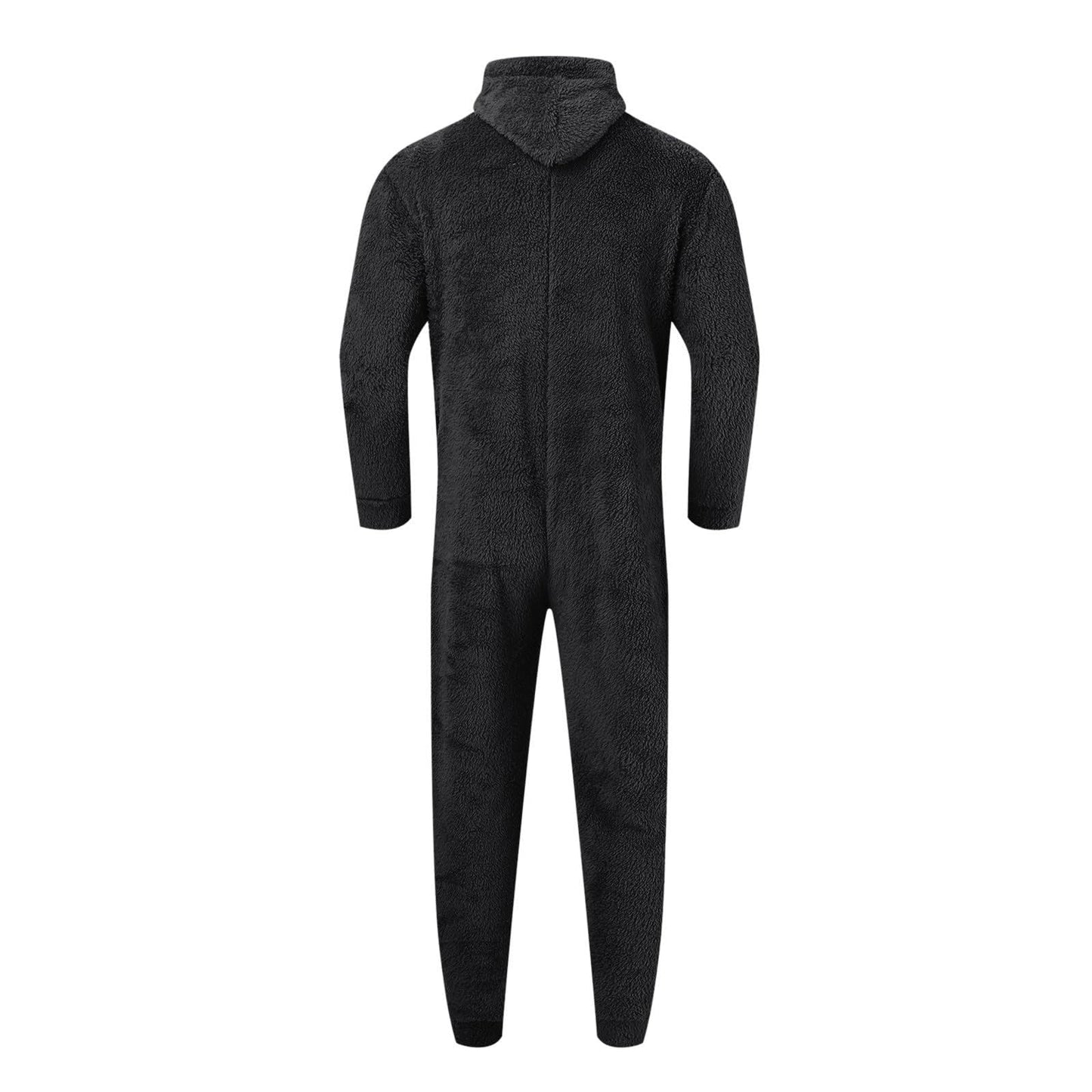 Men's teddy fleece jumpsuit onesie in large size, perfect for winter nights. Warm and fluffy with a hood, this cozy sleepwear is great for lounging around.