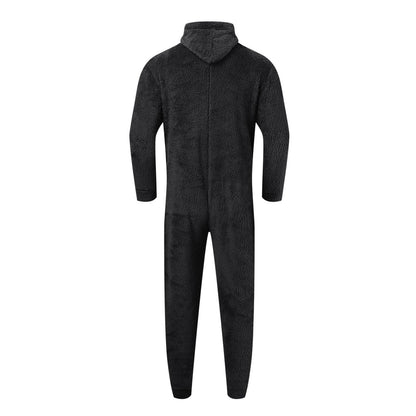 Men's teddy fleece jumpsuit onesie in large size, perfect for winter nights. Warm and fluffy with a hood, this cozy sleepwear is great for lounging around.