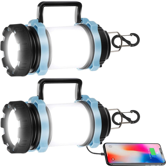 2 PCS Rechargeable LED Camping Lanterns, Super Bright Portable Camping Lights with Hooks, Dimmable Brightness, USB C Tent Light for Hiking Outdoor, Emergency, Power Outages