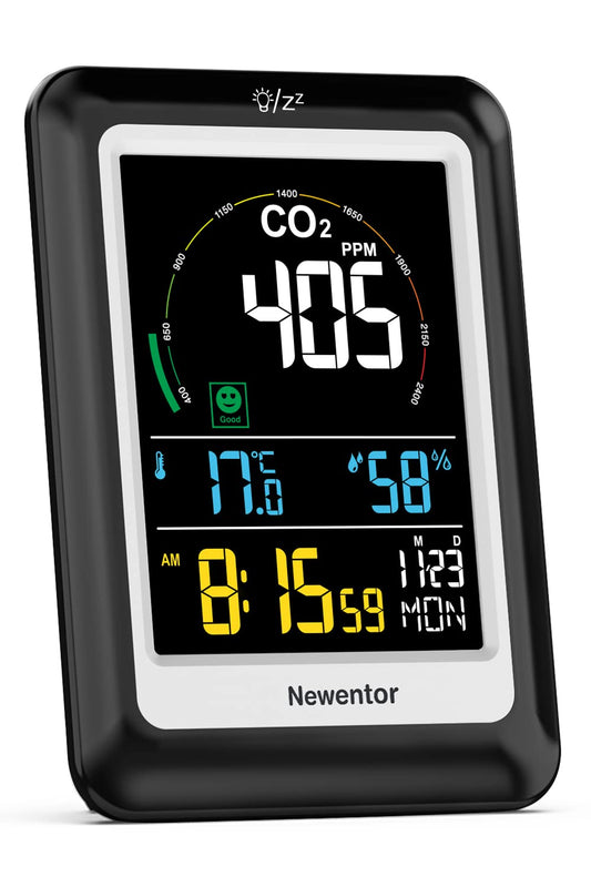 Newentor CO2 monitor, 4 CO2 concentration levels with alarm and ventilation recommendations, battery operated & USB connection with 3 brightness levels, for schools, office, living room, NDIR, black, 1 pack.