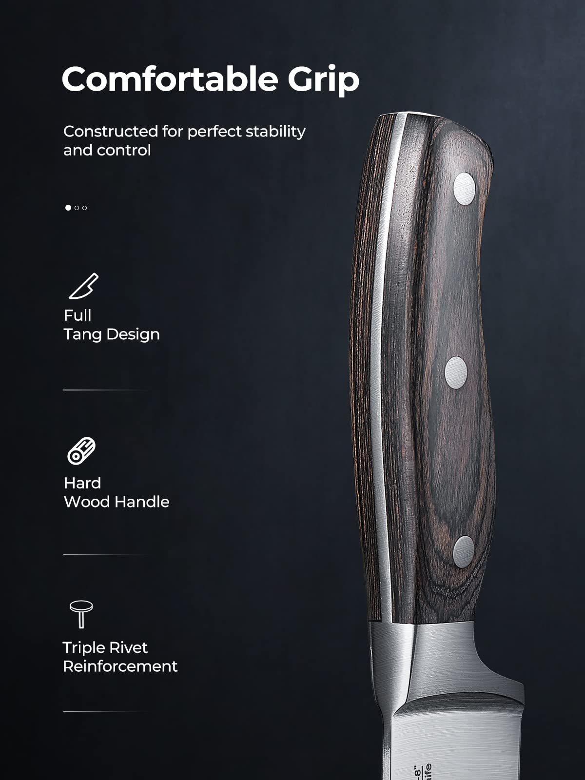 AMEGAT 15-piece knife block set with self-sharpening knife block and carving fork, wooden handle in full tang design and 3-rivet design. High-quality stainless steel chef's knife set with wooden block.