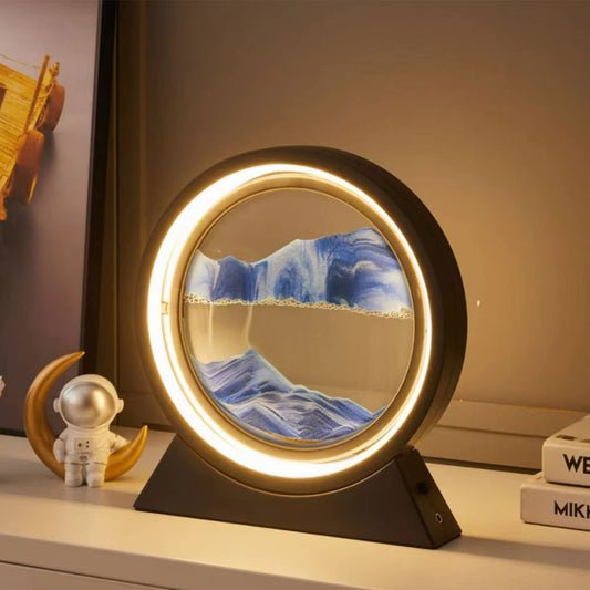 Neioaas 3D Moving Sand Art Table Lamp, 360° rotating sandscapes hourglass decor flowing sand lights,3D deep sea sand art hourglass lamp, adult child sand painting decor (Black-Blue)