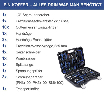 Scheppach tool case WZK120 | 97-piece tool set in sturdy plastic case | Tools with rubberized handles | Bit sets, screwdrivers, hex socket wrench inserts and more.