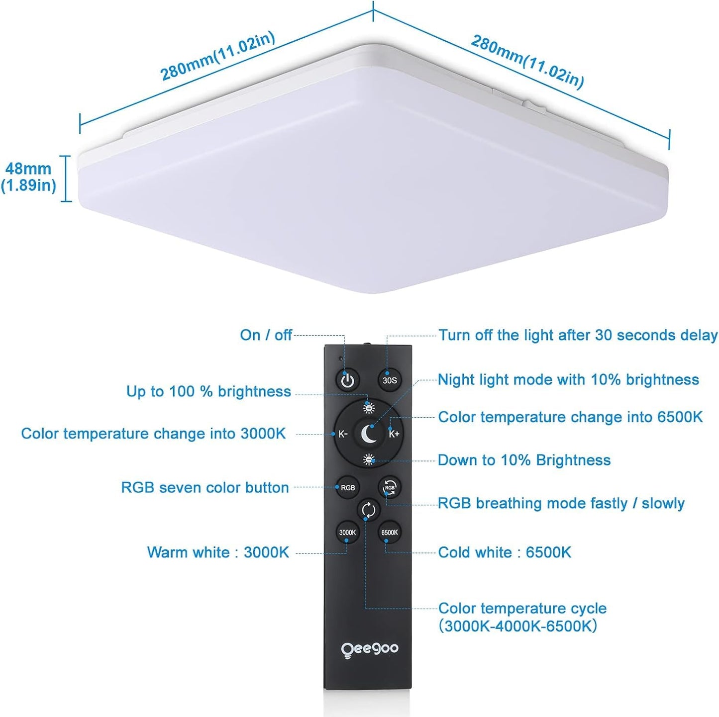 IEGLED LED ceiling light dimmable RGB color changing, 24W 2400LM LED ceiling lamp dimmable with remote control, LED bulb RGB, IP54 bathroom light living room light children's room light hallway light 28x28x4.8cm