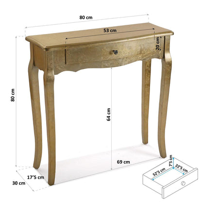 Versa Cagliari Narrow furniture piece for entryway or hallway, modern console table with 1 drawer, measures 80 x 30 x 80 cm (H x L x W), made of wood, color: Golden
