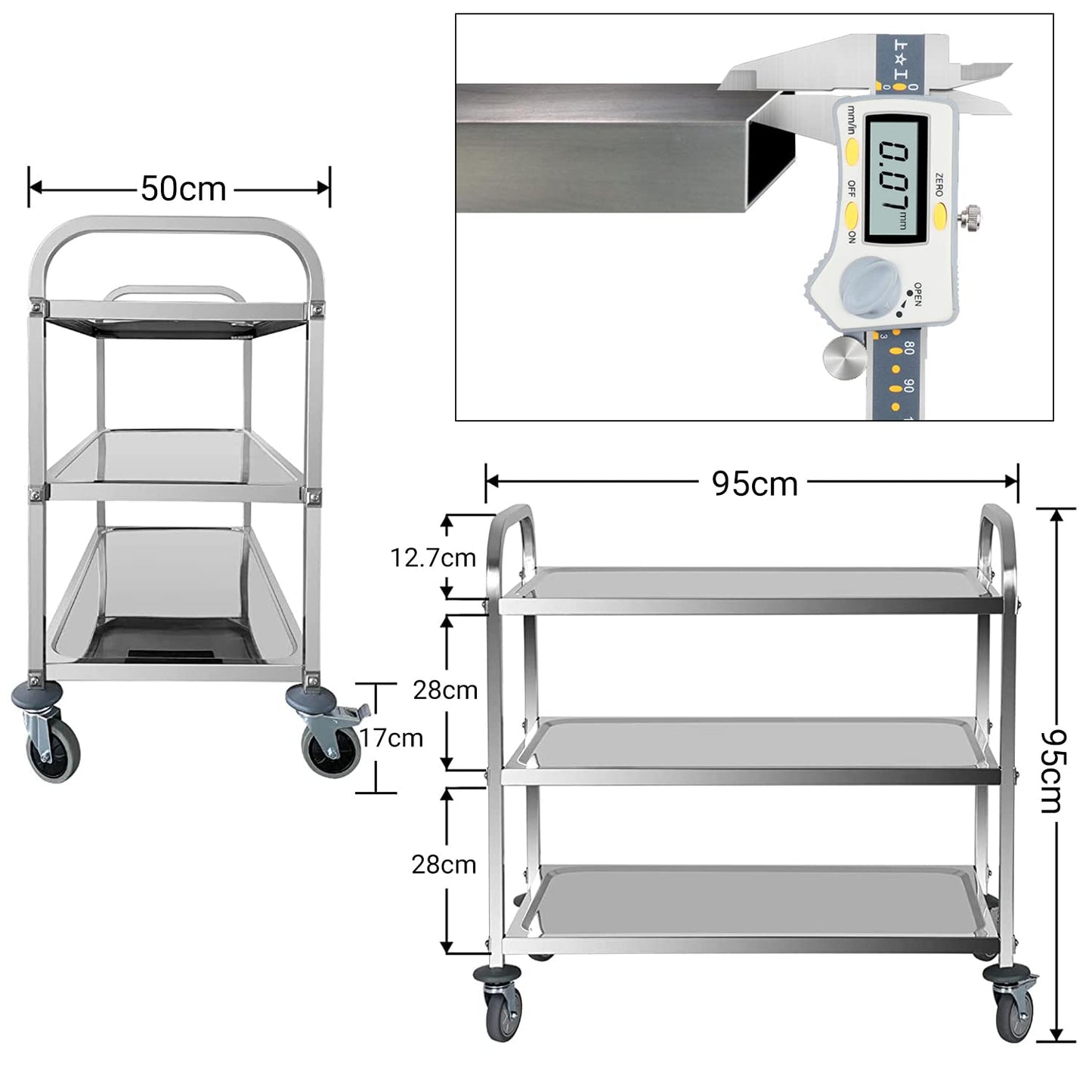 ybaymy Stainless Steel Serving Cart 3 Shelves Kitchen Trolley Stainless Steel Cart with Wheels Kitchen Cart on Wheels with Stainless Steel 95 x 50 x 95cm Food Cart, Capacity 240kg