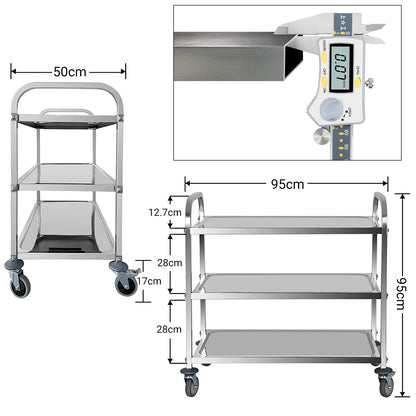 ybaymy Stainless Steel Serving Cart 3 Shelves Kitchen Trolley Stainless Steel Cart with Wheels Kitchen Cart on Wheels with Stainless Steel 95 x 50 x 95cm Food Cart, Capacity 240kg