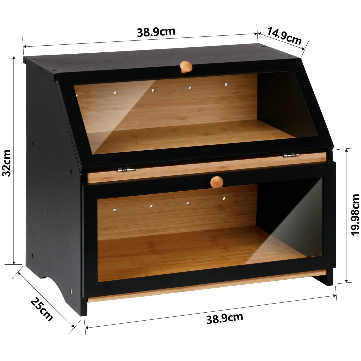 Leader Accessories Bamboo Bread Box 2 Tier Bread Container food safe Bread Storage easy to clean 39x25x32cm Black