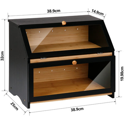 Leader Accessories Bamboo Bread Box 2 Tier Bread Container food safe Bread Storage easy to clean 39x25x32cm Black