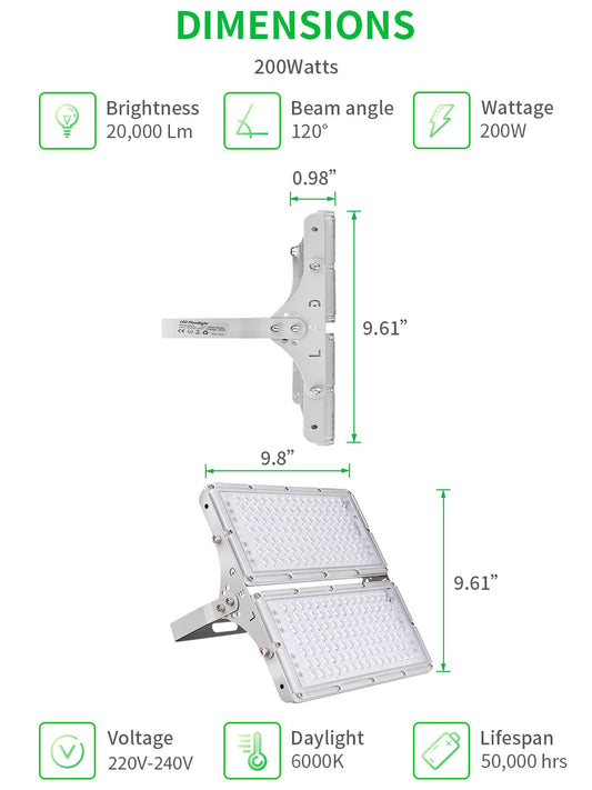 Viugreum 200W LED floodlight, super bright with 210 LEDs (SMD 2835), IP66 waterproof for outdoor use in garden, garage, yard. Cold white light (6000K-6500K) with 20000 lumens.