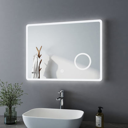 Bathman LED Bathroom Mirror 80x60 cm with Cold White Lighting, Touch Switch, 3x Magnification, Makeup Mirror, Anti-fog, Horizontal Wall Mirror