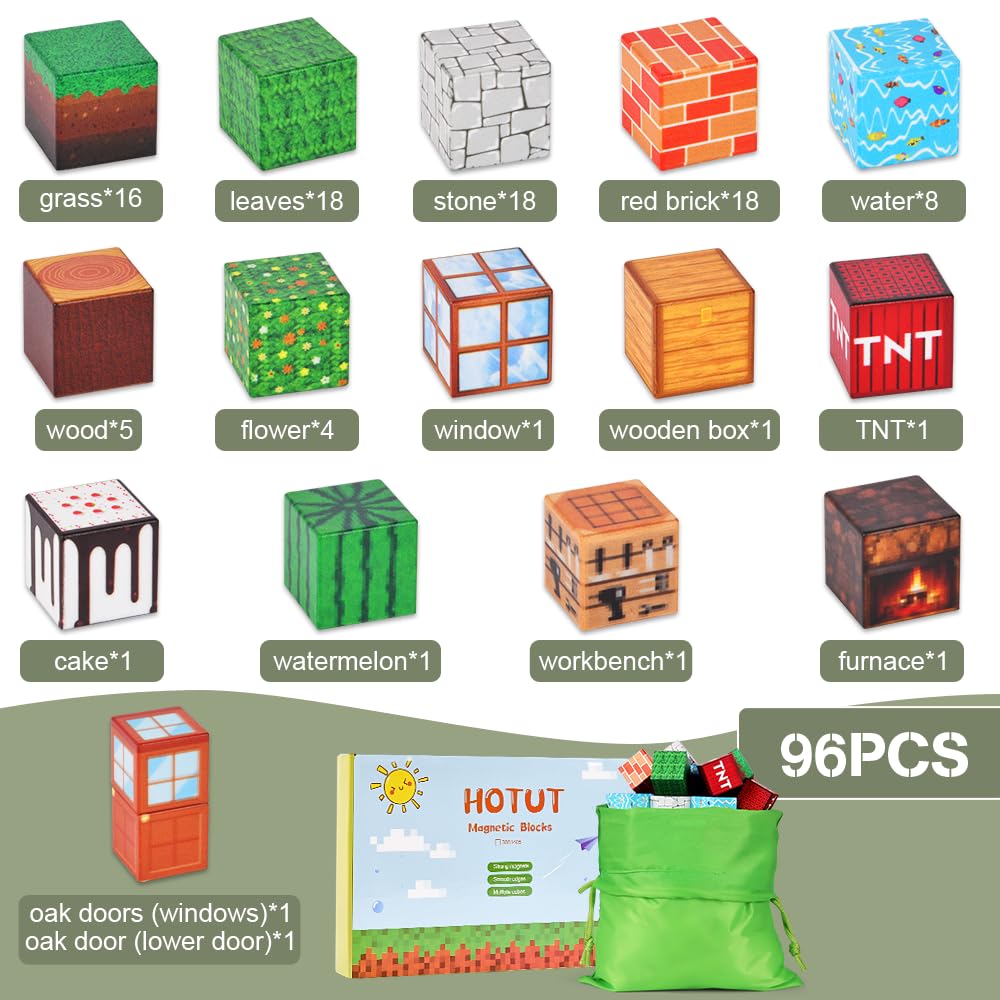 HOTUT Magnetic Building Blocks, 96 Pieces Magnetic Toy, Build Mine Magnetic World Set, Magnet Montessori Toy for Boys Girls