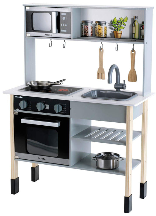 Theo Klein 7199 Miele Kitchen, White wooden kitchen including stove with sound and light, high-quality kitchen accessories made of stainless steel (not heatable) and wood, toy for children ages 3 and up.