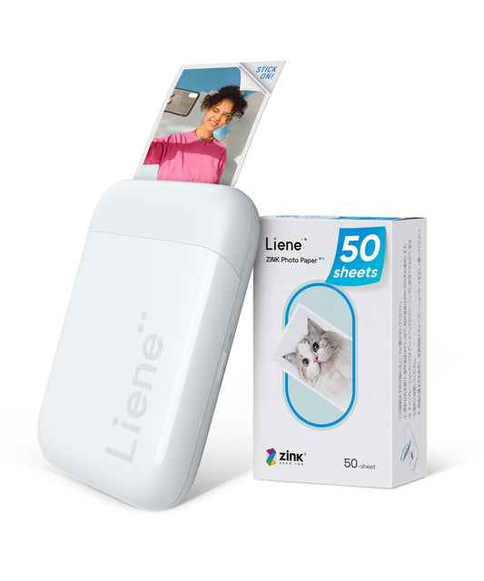 Liene Pearl K100 Mini Photo Printer for Smartphone (5x7.6cm) - with 50 sheets of Zink photo paper with sticky backing, 300DPI Bluetooth instant printer compatible with iOS & Android, built-in battery