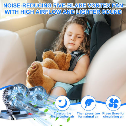 KUWUNG USB Car Fan, Dual Head 360° Rotatable USB Car Fan with 3 Speeds, Dual Fan Suitable with USB Interface for Car, RV, Home, Office, Camping