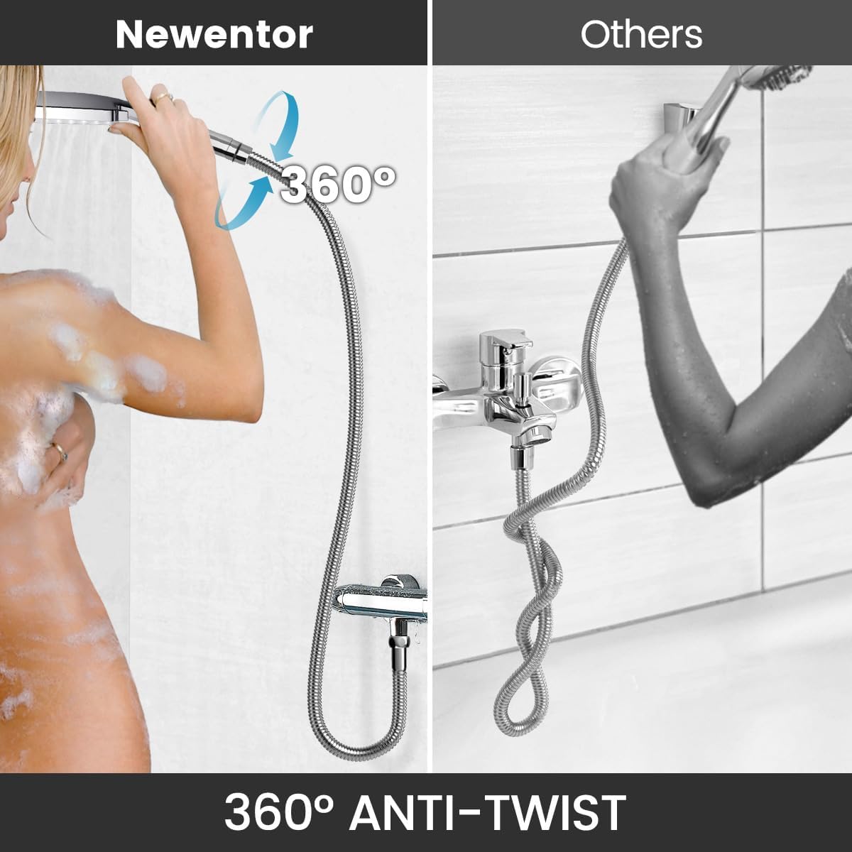 Newentor shower head with hose, shower set with 2m hose, large shower head with hand shower, rain shower head with 6 spray modes.