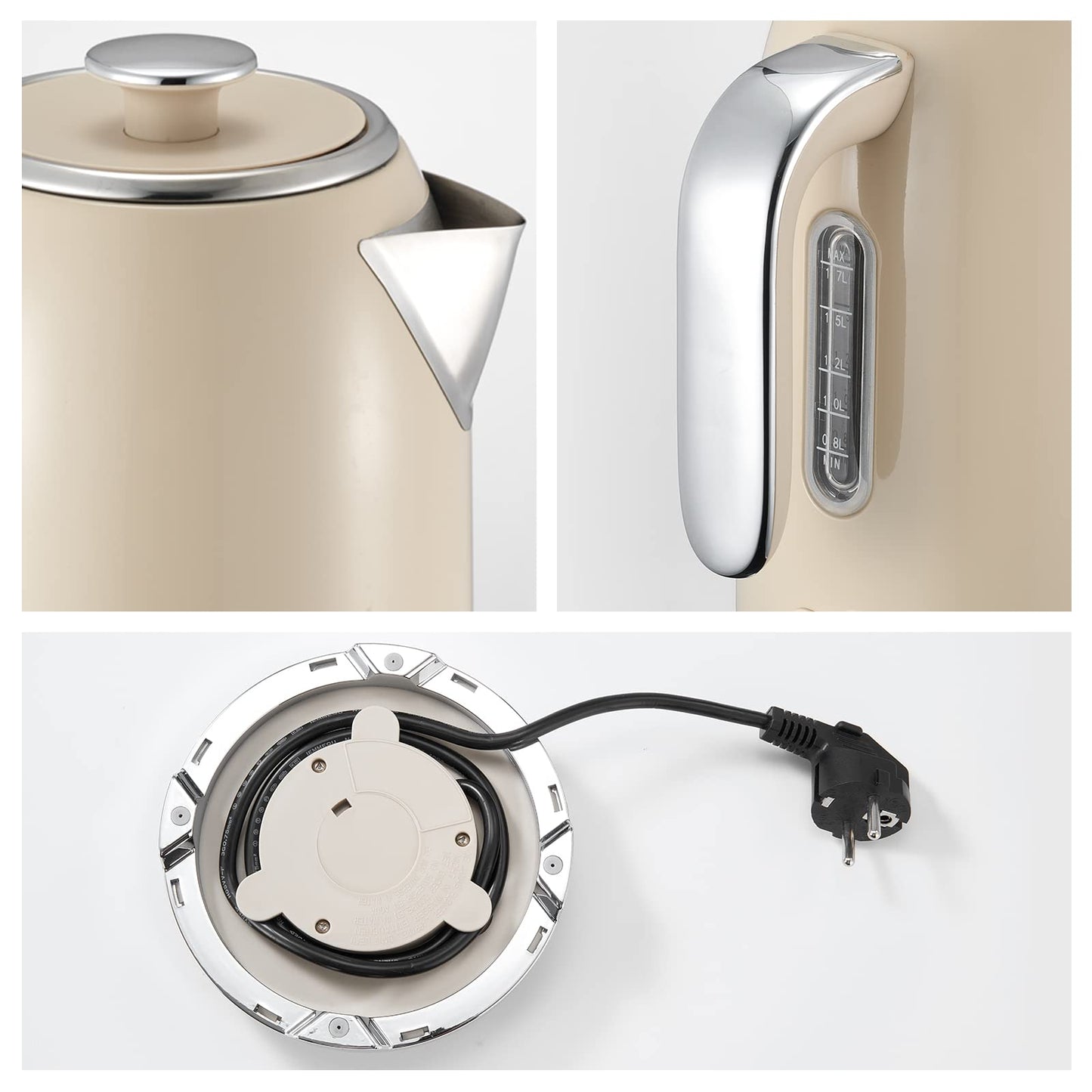 Wiltal Electric Kettle [1.7L, 2200W], Retro Cream, Stainless Steel, Toaster Kettle Set Retro (Water temperature display in retro design, external water level indicator) Vintage Tea Kettle.