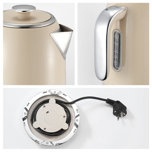 Wiltal Electric Kettle [1.7L, 2200W], Retro Cream, Stainless Steel, Toaster Kettle Set Retro (Water temperature display in retro design, external water level indicator) Vintage Tea Kettle.