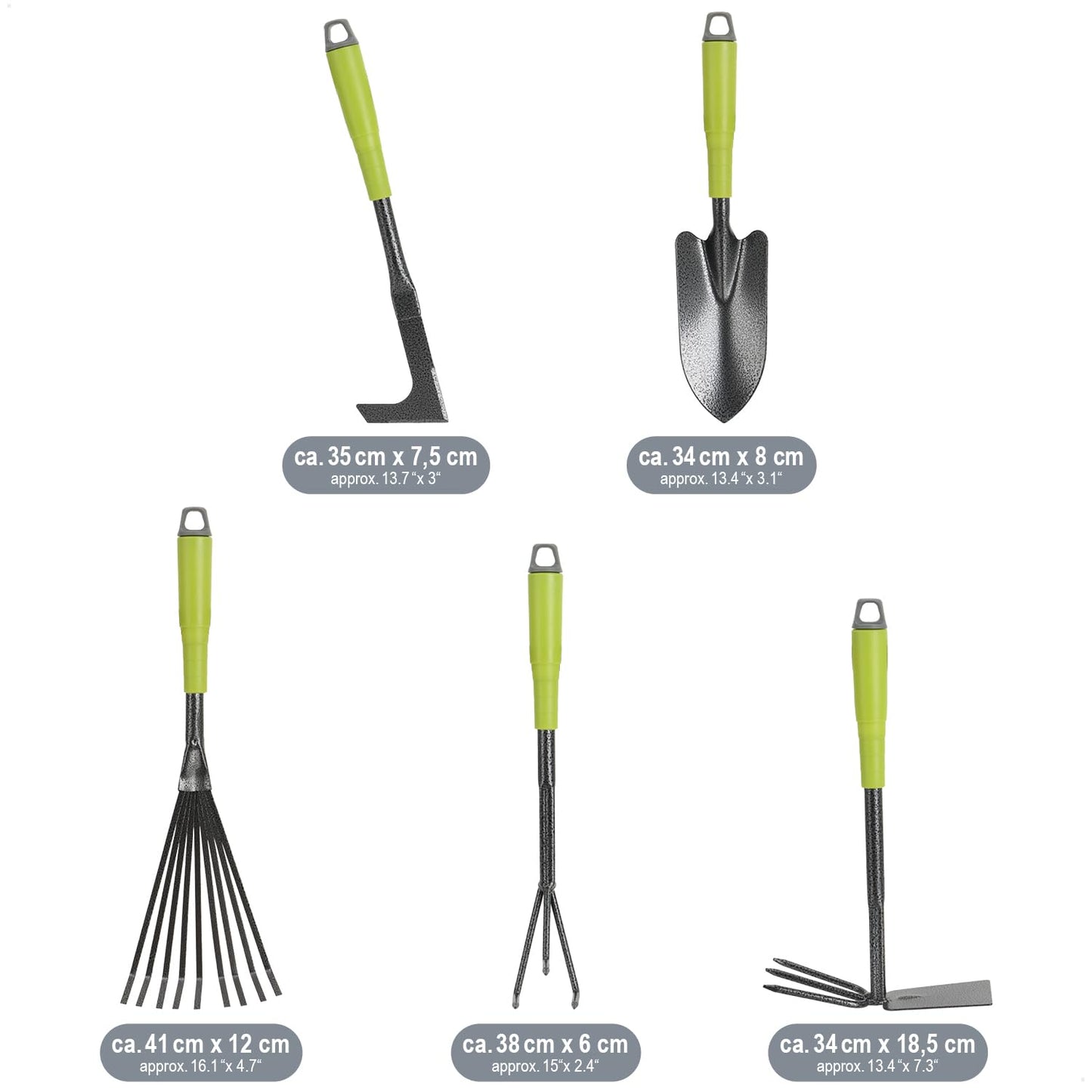 com-four® 5-piece garden tool set - garden set with double hoe, hand fork, joint scraper, hand rake, flower trowel - gardening tools for planting and gardening (5-piece garden set)