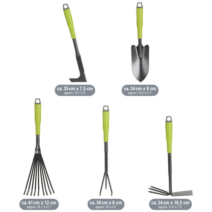 com-four® 5-piece garden tool set - garden set with double hoe, hand fork, joint scraper, hand rake, flower trowel - gardening tools for planting and gardening (5-piece garden set)