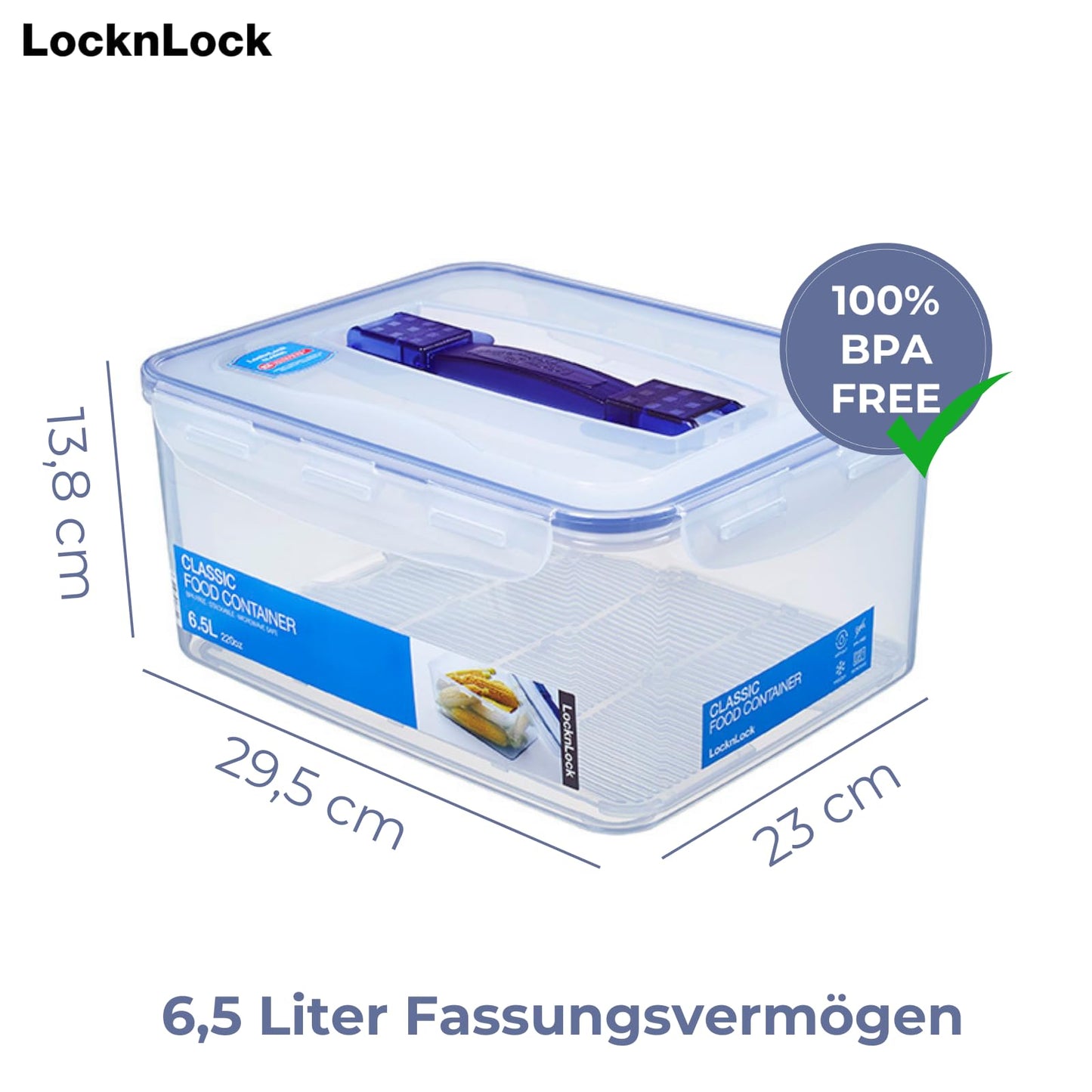 LocknLock PP Classic storage box airtight with handle & draining grate| 6.5L | 29.5 x 23 x 13.8 cm | 100% airtight and watertight container with lid | Freezer-safe storage container